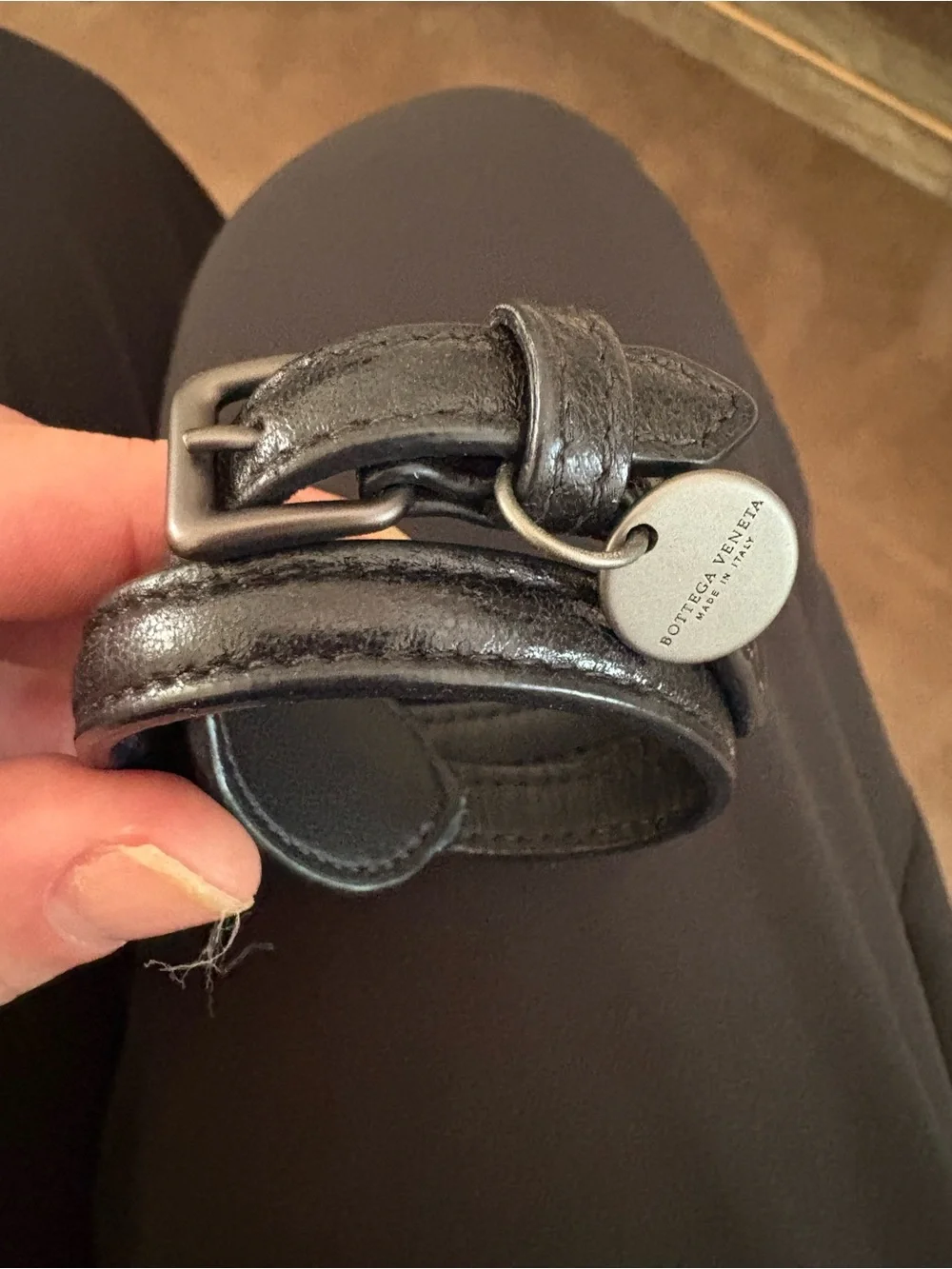 Bottega Veneta Black Leather Intreciatto Double-Wrap Bracelet with Round Tag XS